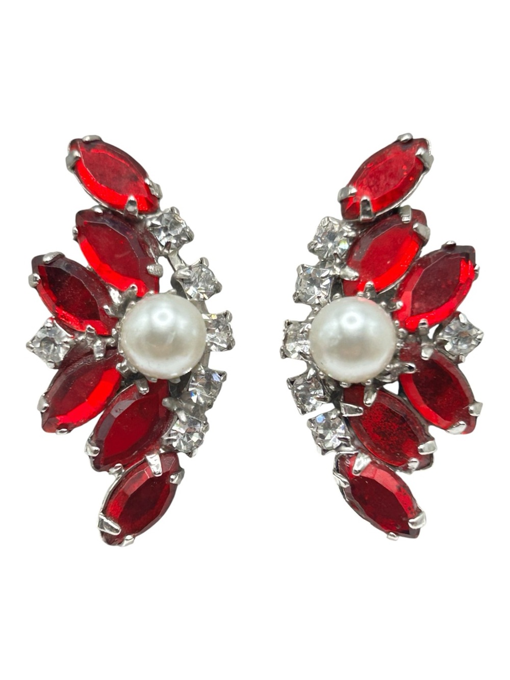 Dressy Vintage Red Rhinestone &Pearl
Clip Earrings